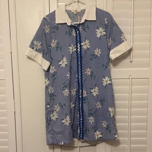 entro Blue Striped Floral Button-Front Midi Dress with White Collar